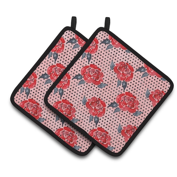 Carolines Treasures Watercolor Red Roses and Polkadots Pair of Pot Holders - BB7513PTHD