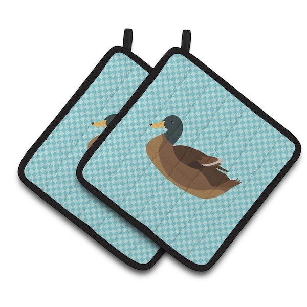 Carolines Treasures Khaki Campbell Duck Blue Check Pair of Pot Holders - BB8040PTHD