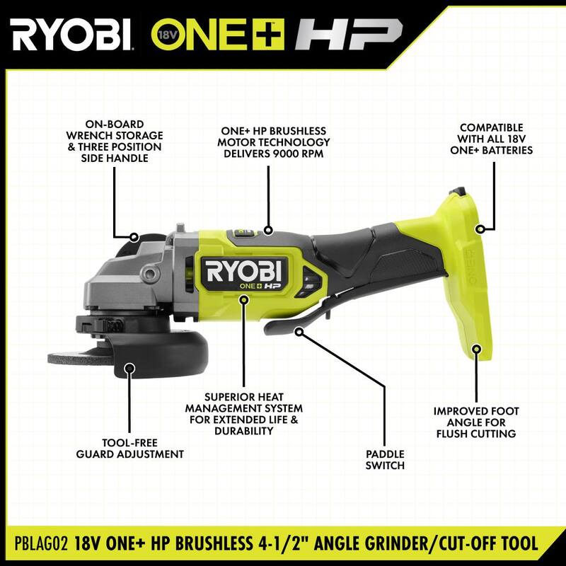 RYOBI ONE+ HP Amoladora angular inalámbrica Brushless de 18V con batería de alto rendimiento de 4.0 Ah - PBLAG02B-PBP004
