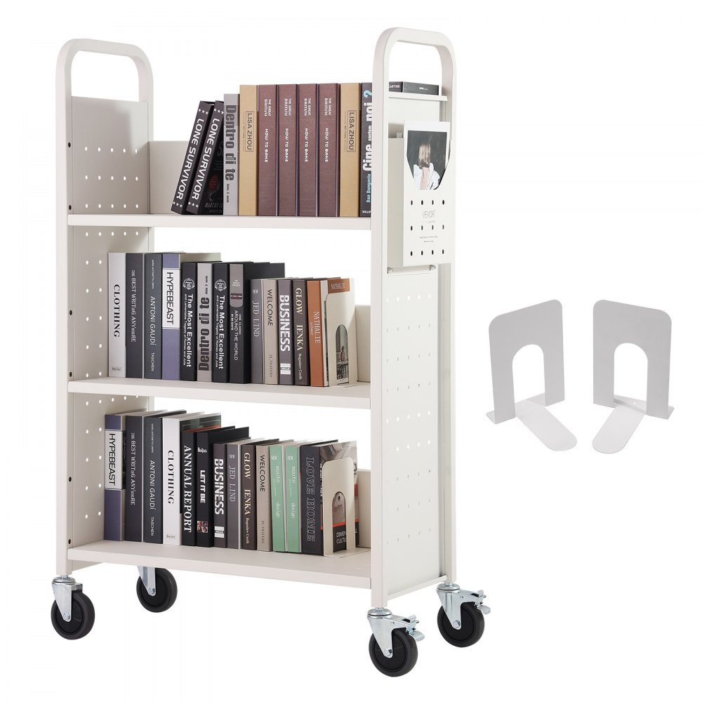 VEVOR Book Cart, 330 lbs Library Cart, 31.1" x 15.2" x 49.2" Rolling Book Cart, Single Sided L-Shaped Flat Shelves with 4-Inch Lockable Wheels for Home Shelves Office and School, Book Truck in White - LXTSGTCBS330RWI6JV0
