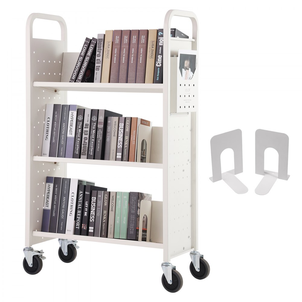 VEVOR Book Cart, 330 lbs Library Cart, 31.1" x 15.2" x 49.2" Rolling Book Cart, Single Sided V-Shaped Sloped Shelves with 4-Inch Lockable Wheels for Home Shelves Office and School, Book Truck in White - VXTSGTCBS33048T75V0