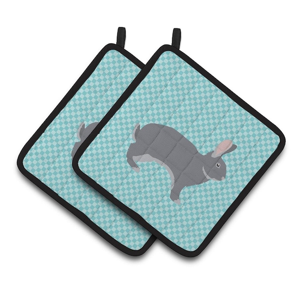 Carolines Treasures Giant Chinchilla Rabbit Blue Check Pair of Pot Holders - BB8140PTHD