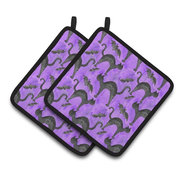 Carolines Treasures Watecolor Halloween Black Cats on Purple Pair of Pot Holders - BB7528PTHD