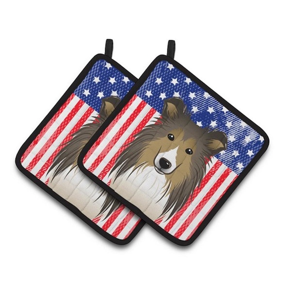 Carolines Treasures American Flag and Sheltie Pair of Pot Holders, 7.5 x 3 x 7.5 in. - BB2172PTHD