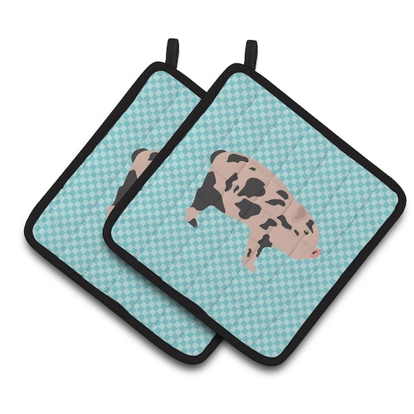 Carolines Treasures Mini Miniature Pig Blue Check Pair of Pot Holders - BB8109PTHD