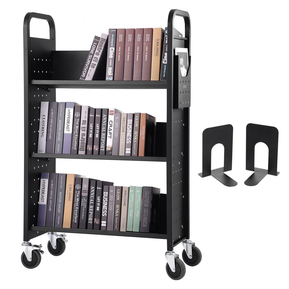 VEVOR Book Cart, 330 lbs Library Cart, 31.1" x 15.2" x 49.2" Rolling Book Cart, Single Sided V-Shaped Sloped Shelves with 4-Inch Lockable Wheels for Home Shelves Office and School, Book Truck in Black - VXTSGTCHS330WDUI5V0