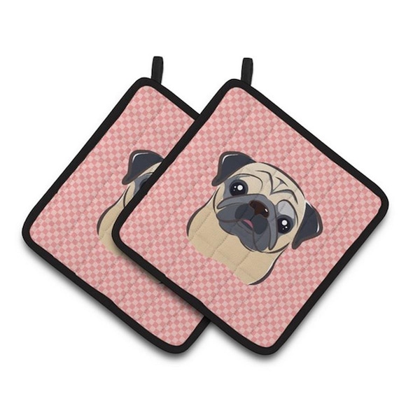Carolines Treasures Checkerboard Pink Fawn Pug Pair of Pot Holders, 7.5 x 3 x 7.5 in. - BB1262PTHD
