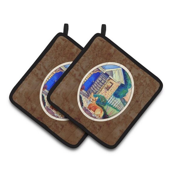 Carolines Treasures Corgi at the Cottage Pair of Pot Holders, 7.5 x 3 x 7.5 in. - 7169PTHD