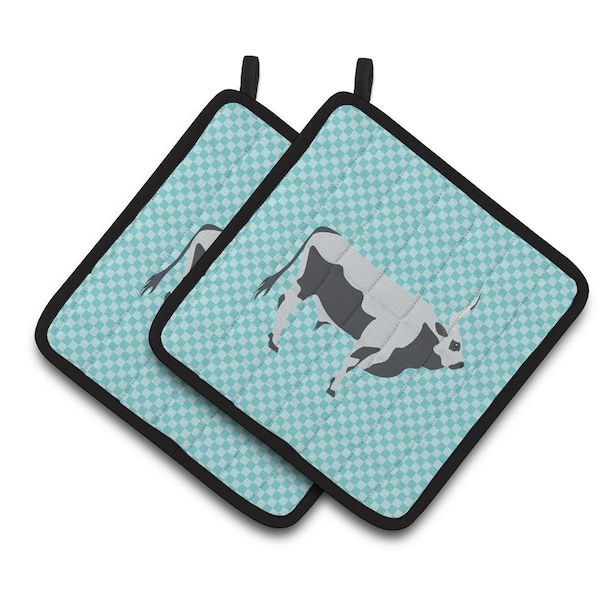 Carolines Treasures Hungarian Grey Steppe Cow Blue Check Pair of Pot Holders - BB7998PTHD