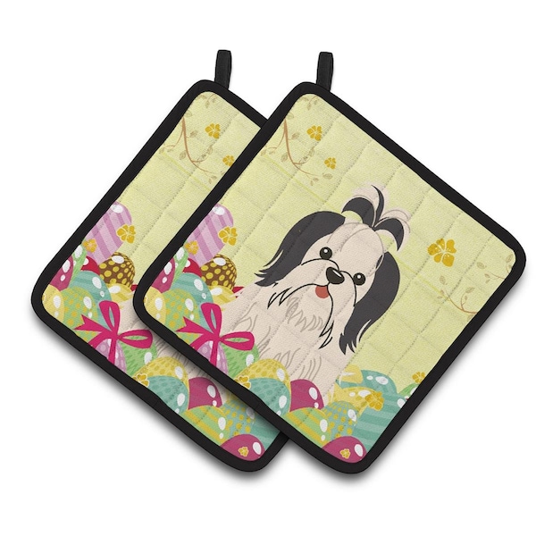Carolines Treasures Easter Eggs Shih Tzu Black & White Pair of Pot Holders - BB6088PTHD