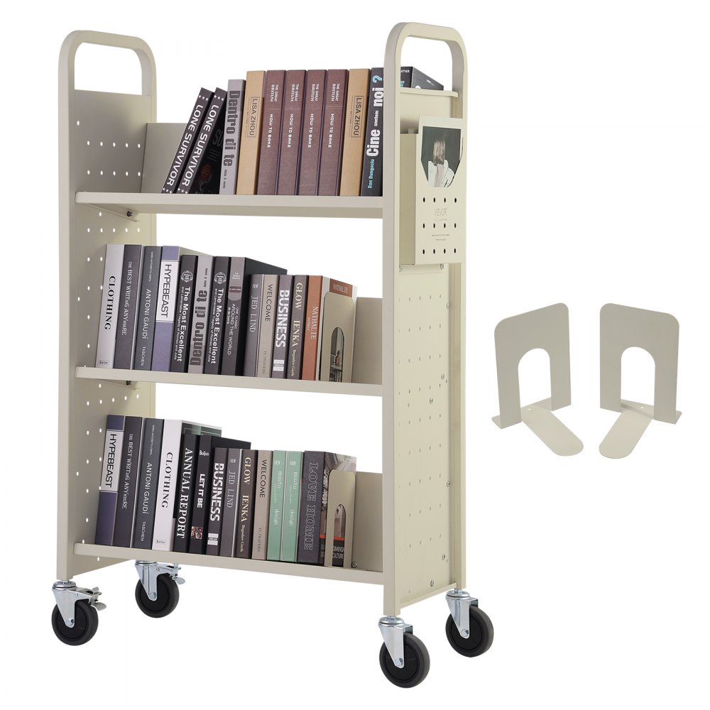 VEVOR Book Cart, 330 lbs Library Cart, 31.1" x 15.2" x 49.2" Rolling Book Cart, Single Sided V-Shaped Sloped Shelves with 4-Inch Lockable Wheels for Home Shelves Office and School, Book Truck in Cream - VXTSGTCMS3308Z0V7V0