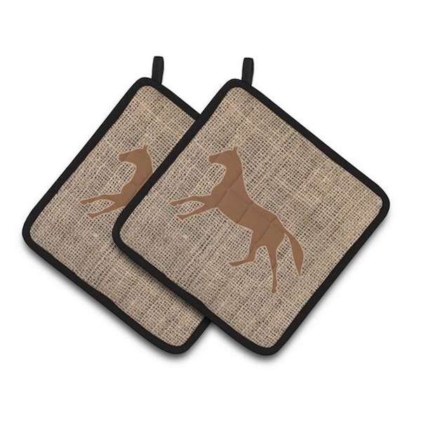 Carolines Treasures Carolines Treasures BB1003-BL-BN-PTHD Horse Faux Burlap & Brown Pair of Pot Holders; 7.5 x 3 x 7.5 in. - BB1003-BL-BN-PTHD