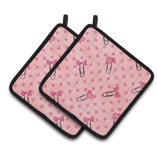 Carolines Treasures Watercolor Paper Clips and Polkadots Pink Pair of Pot Holders - BB7543PTHD
