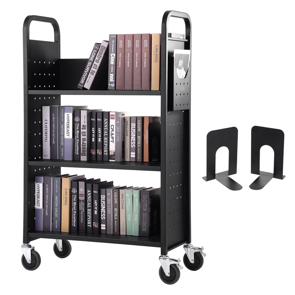 VEVOR Book Cart, 330 lbs Library Cart, 31.1" x 15.2" x 49.2" Rolling Book Cart, Single Sided L-Shaped Flat Shelves with 4-Inch Lockable Wheels for Home Shelves Office and School, Book Truck in Black - LXTSGTCHS330Y7BMJV0