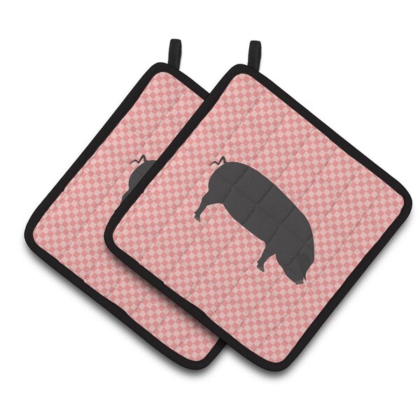 Carolines Treasures Devon Large Black Pig Pink Check Pair of Pot Holders - BB7931PTHD