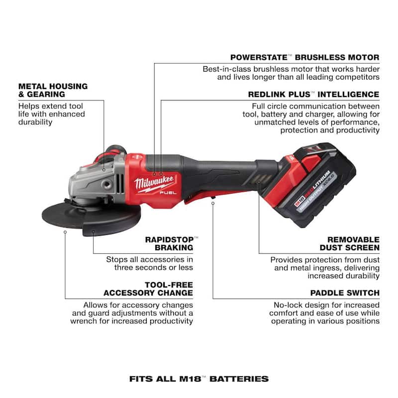 Amoladora inalámbrica sin escobillas Milwaukee M18 FUEL de 18 V con interruptor de paleta y kit de amoladora angular FUEL - 2980-22-2880-20.
