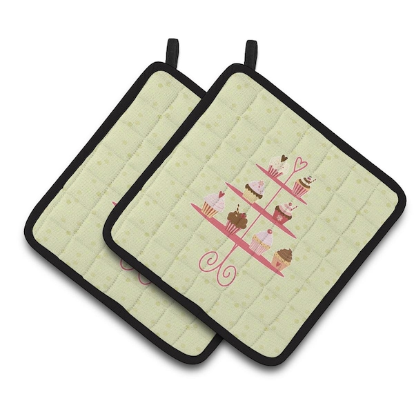 Carolines Treasures Cupcakes 3 Tier Stand on Green Pair of Pot Holders - BB7304PTHD