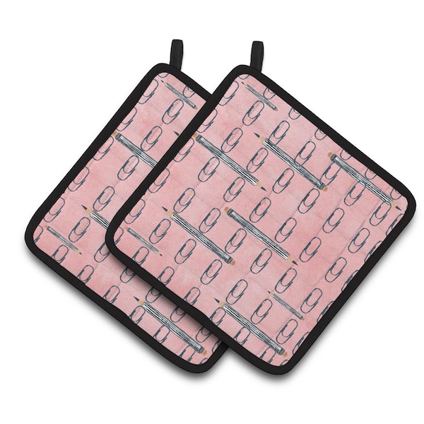 Carolines Treasures Watercolor Organized Paper Clips Pink Pair of Pot Holders - BB7539PTHD