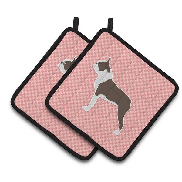 Carolines Treasures Carolines Treasures BB3644PTHD Boston Terrier Checkerboard Pink Pair of Pot Holders - BB3644PTHD