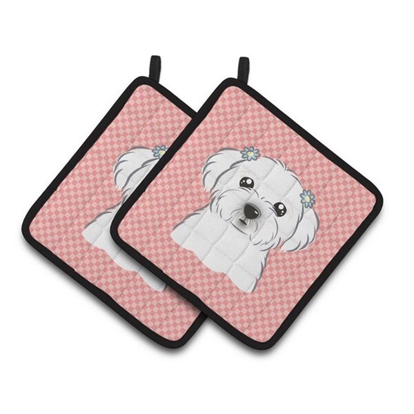 Carolines Treasures Checkerboard Pink Maltese Pair of Pot Holders, 7.5 x 3 x 7.5 in. - BB1208PTHD