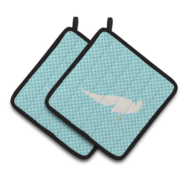 Carolines Treasures White Peacock Peafowl Blue Check Pair of Pot Holders - BB8100PTHD
