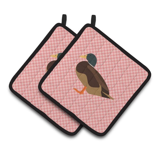 Carolines Treasures Silver Bantam Duck Pink Check Pair of Pot Holders - BB7867PTHD