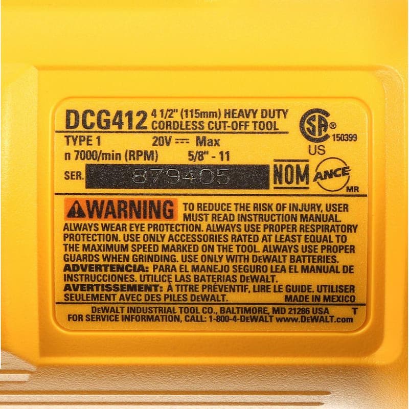 Esmeriladora angular inalámbrica DEWALT 20V MAX de 4.5 a 5 pulgadas (Herramienta Únicamente) - DCG412B