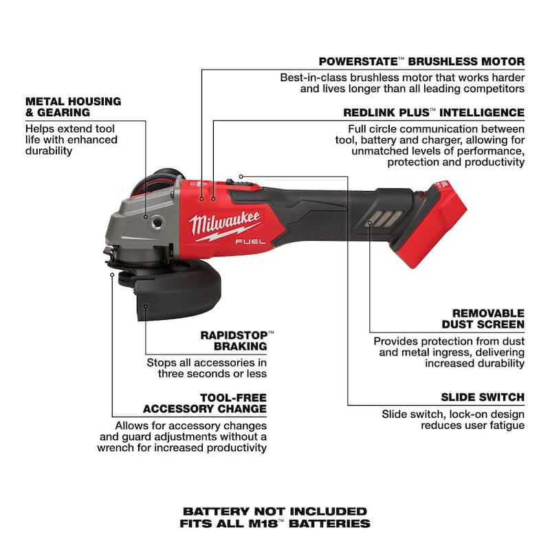 Amoladora inalámbrica Milwaukee M18 FUEL 18V de 4-1/2 in./5 in. con velocidad variable y interruptor deslizante de iones de litio sin escobillas (Herramienta solamente) - 2889-20