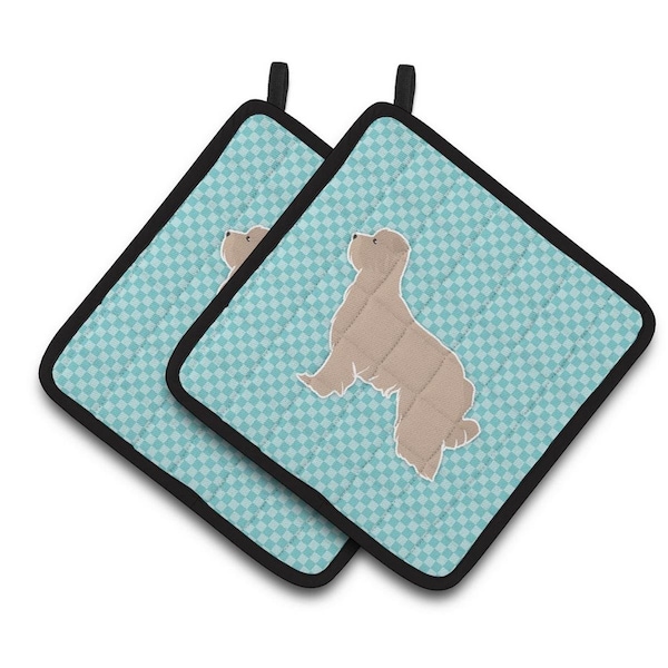 Carolines Treasures Pyrenean Shepherd Checkerboard Blue Pair of Pot Holders - BB3718PTHD
