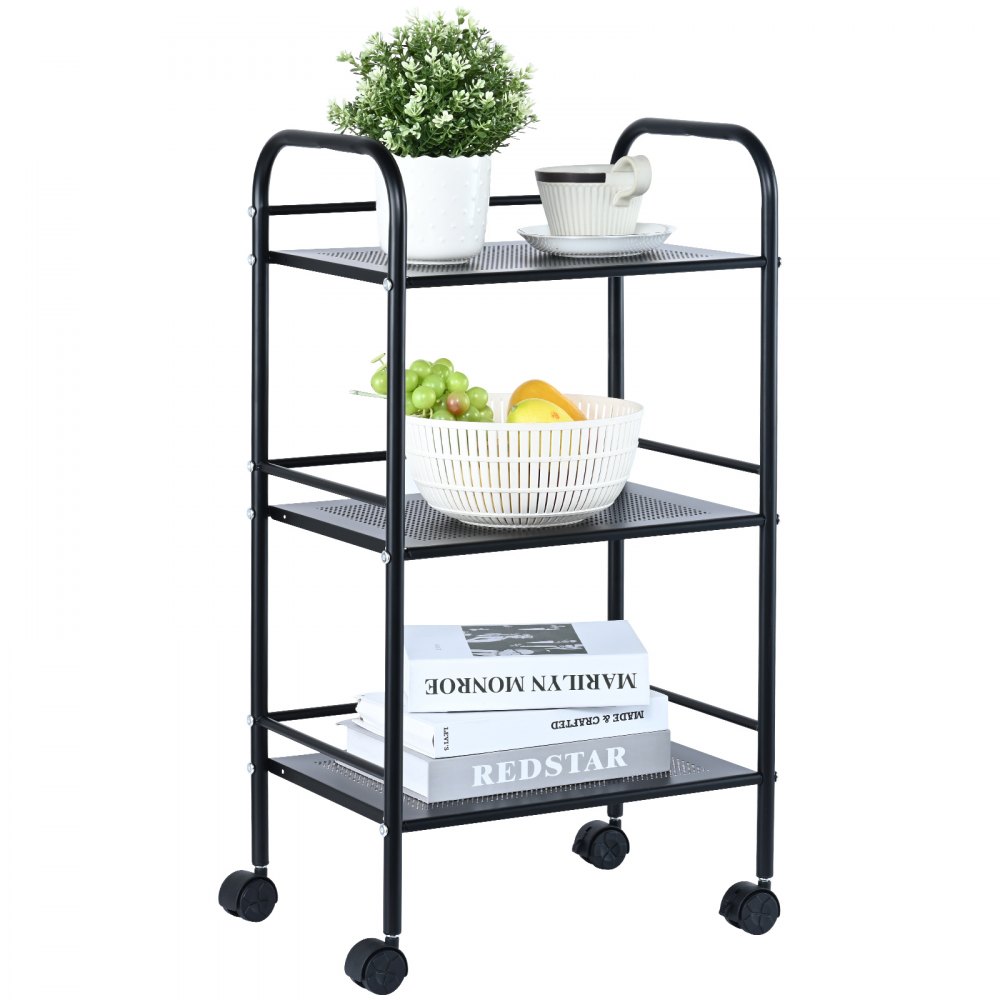 VEVOR 3-Tier Metal Rolling Cart, Heavy Duty Utility Cart with Lockable Wheels, Multi-Functional Storage Trolley with Handle for Office, Living Room, Kitchen, Movable Storage Organizer Shelves, Black - DGNTCHS3CJBS1X2VSV0