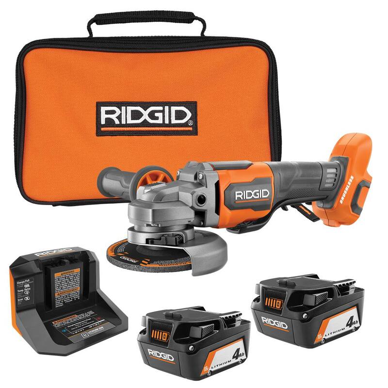 Amoladora Angular Inalámbrica RIDGID 18V Brushless de 4-1/2 pulgadas con Interruptor de Paleta, con (2) Baterías de 4.0 Ah, Cargador y Bolsa - R86047B-AC93044SBN
