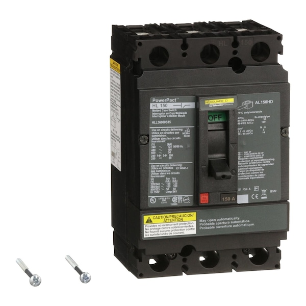 Square D Molded Case Circuit Breaker, HLL Series, 150A, 3 Pole, 600V AC, 125kA at 240V AC - HLL36000S15