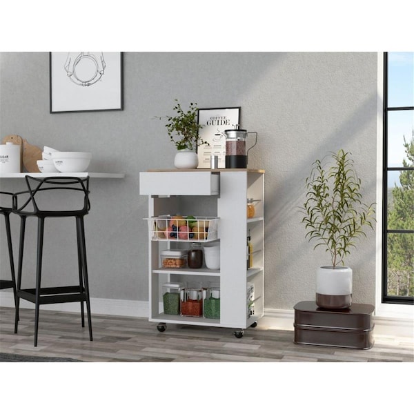 Gfancy Fixtures Sleek Portable Kitchen Cart, White & Light Oak - GF3681506