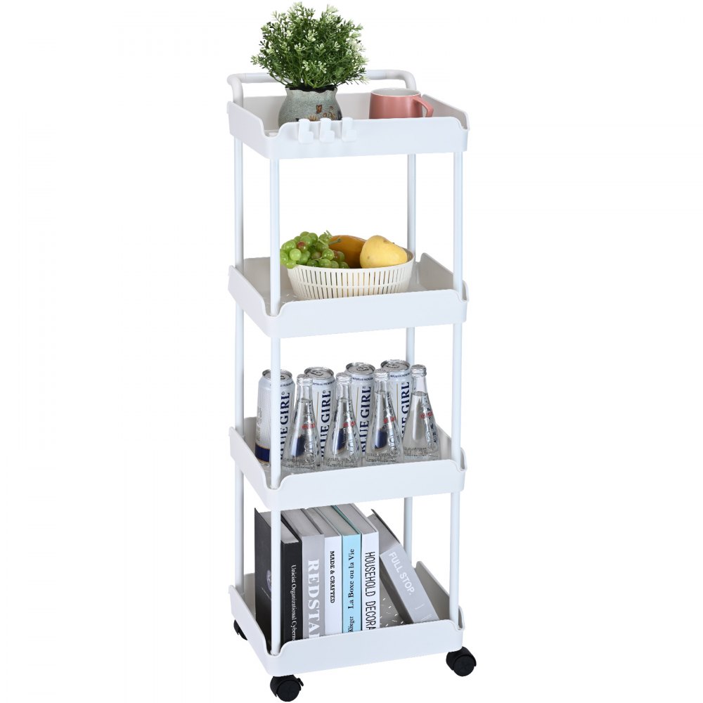 VEVOR 4-Tier Rolling Utility Cart, Kitchen Cart with Lockable Wheels, Multi-Functional Storage Trolley with Handle for Office, Living Room, Kitchen, Movable Storage Basket Organizer Shelves, White - DGNTCBS4CLKSWF9XEV0