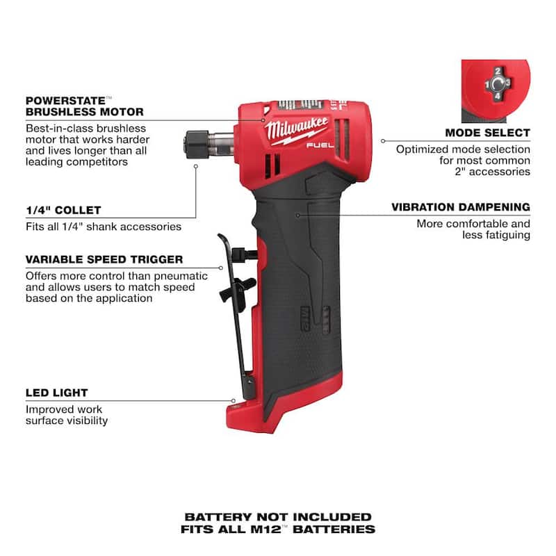 Milwaukee M12 FUEL 12V Lithium-Ion Brushless Kit de Rectificadora Recta y Angular Inalámbrica de 1/4 de pulgada (Solo la Herramienta) - 2485-20-2486-20