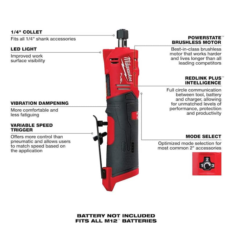 Milwaukee M12 FUEL 12V Lithium-Ion Brushless Kit de Rectificadora Recta y Angular Inalámbrica de 1/4 de pulgada (Solo la Herramienta) - 2485-20-2486-20