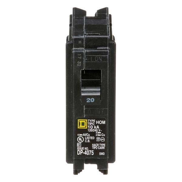 Square D Miniature Circuit Breaker, HOM Series, 20A, 1 Pole, 120/240V AC, 10kA - HOM120C