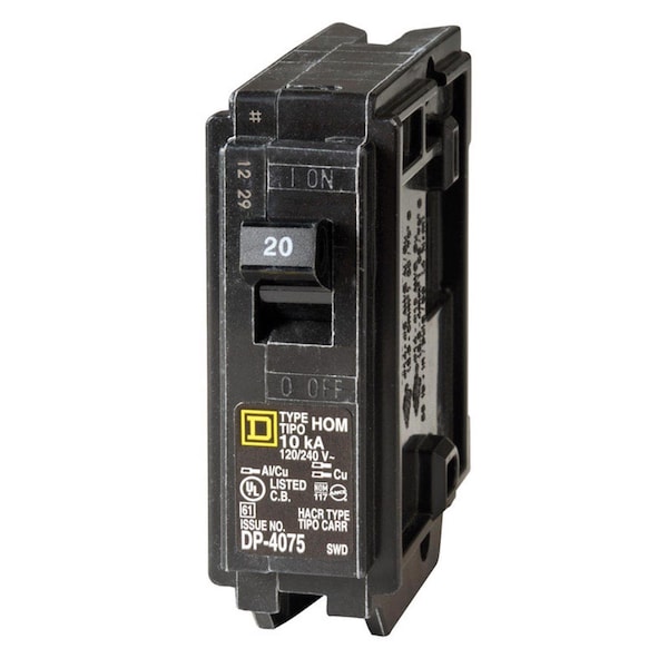 Square D Miniature Circuit Breaker, HOM Series, 20A, 1 Pole, 120/240V AC, 10kA - HOM120C