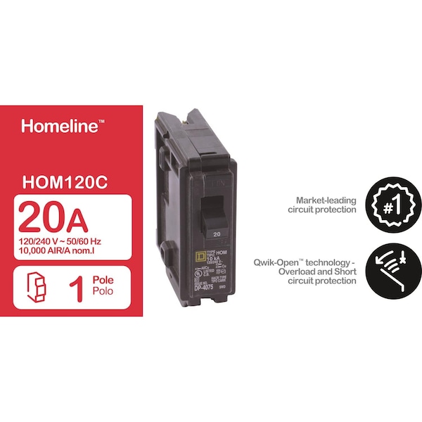 Square D Miniature Circuit Breaker, HOM Series, 20A, 1 Pole, 120/240V AC, 10kA - HOM120C