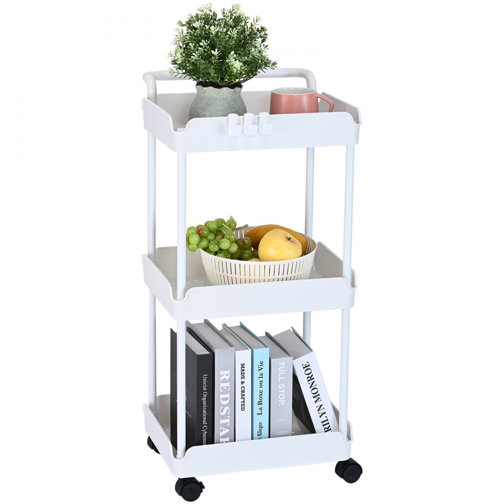 VEVOR 3-Tier Rolling Utility Cart, Kitchen Cart with Lockable Wheels, Multi-Functional Storage Trolley with Handle for Office, Living Room, Kitchen, Movable Storage Basket Organizer Shelves, White - DGNTCBS3CLKS3X7Q5V0