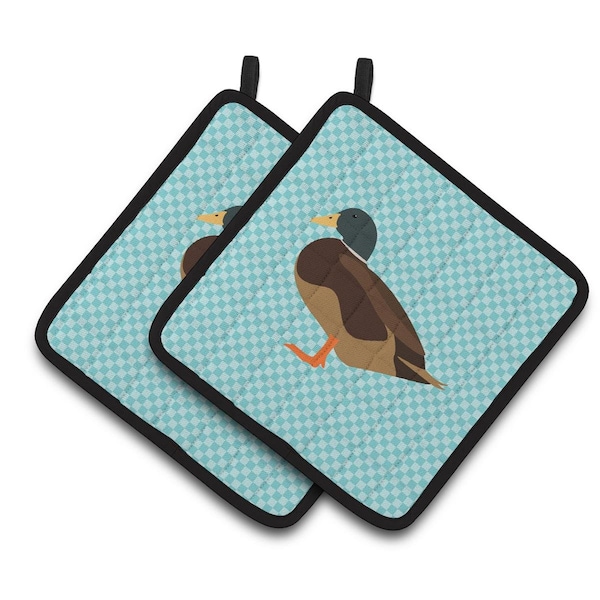 Carolines Treasures Silver Bantam Duck Blue Check Pair of Pot Holders - BB8041PTHD
