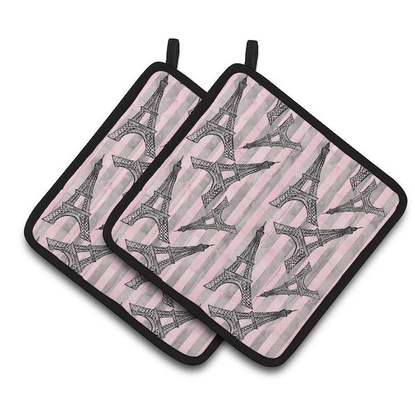 Carolines Treasures Watercolor Eiffel Tower and Stripes Pair of Pot Holders - BB7509PTHD