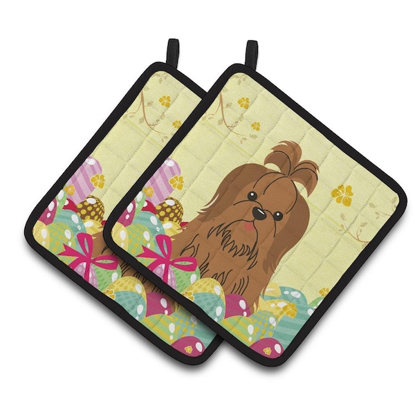 Carolines Treasures Easter Eggs Shih Tzu Silver Chocolate Pair of Pot Holders - BB6086PTHD