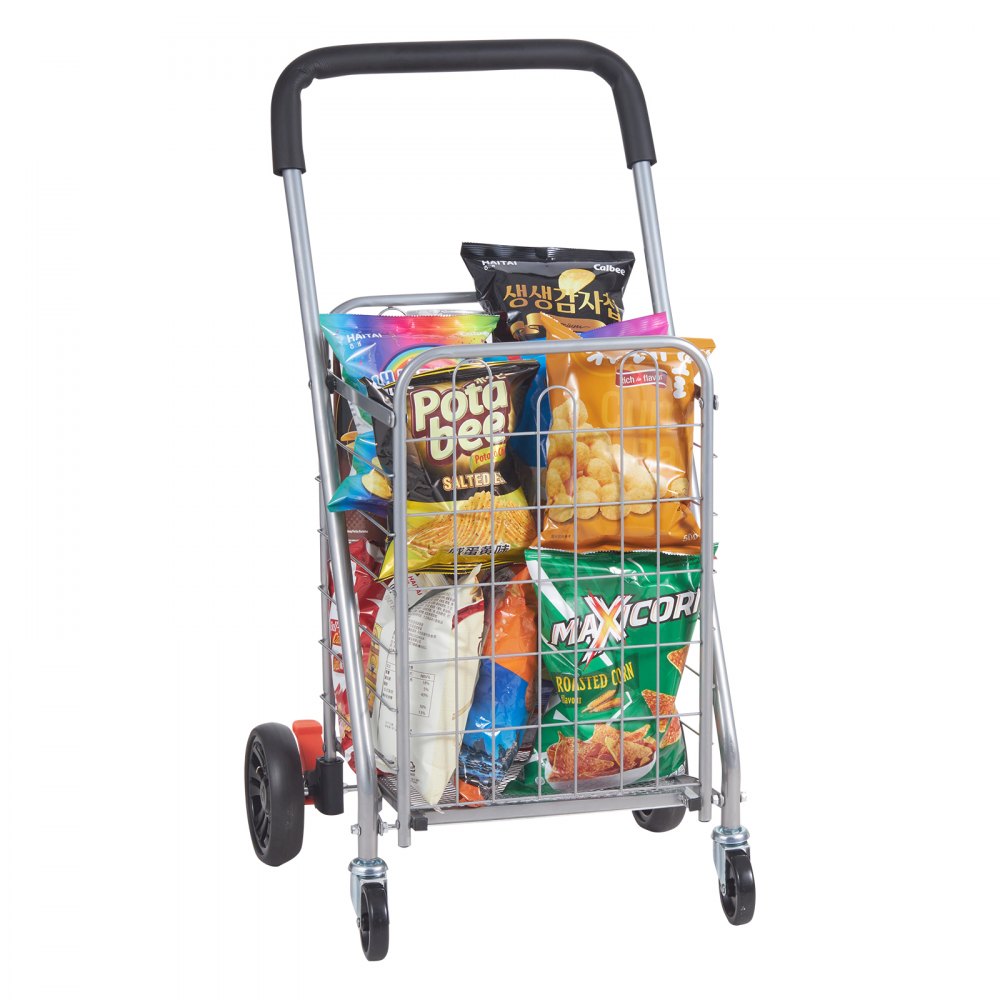 VEVOR Folding Shopping Cart, 66 lbs Max Load Capacity, Grocery Utility Cart with Rolling Swivel Wheels, Heavy Duty Foldable Laundry Basket Trolley Compact Lightweight Collapsible for Luggage, Silver - LKSGWCXCZLDW44ZYOV0