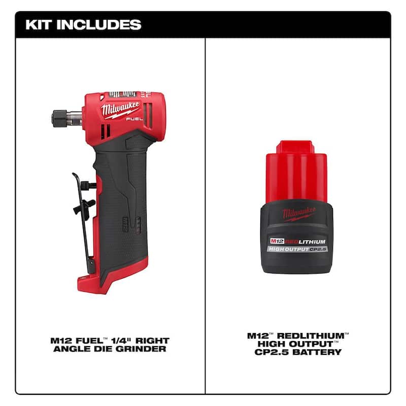 Rectificadora angular Milwaukee M12 FUEL de 12V con batería de iones de litio sin escobillas de 1/4 pulgadas y paquete de batería CP de alto rendimiento de 2.5 Ah - 2485-20-48-11-2425.