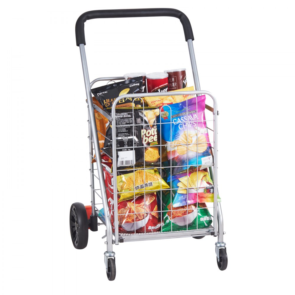 VEVOR Folding Shopping Cart, 110 lbs Max Load Capacity, Grocery Utility Cart with Rolling Swivel Wheels, Heavy Duty Foldable Laundry Basket Trolley Compact Lightweight Collapsible for Luggage, Silver - LKSGWCZCZLDW4OP4WV0