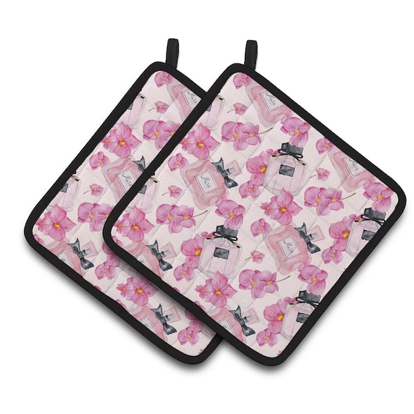 Carolines Treasures Watercolor Pink Flowers and Perfume Pair of Pot Holders - BB7510PTHD