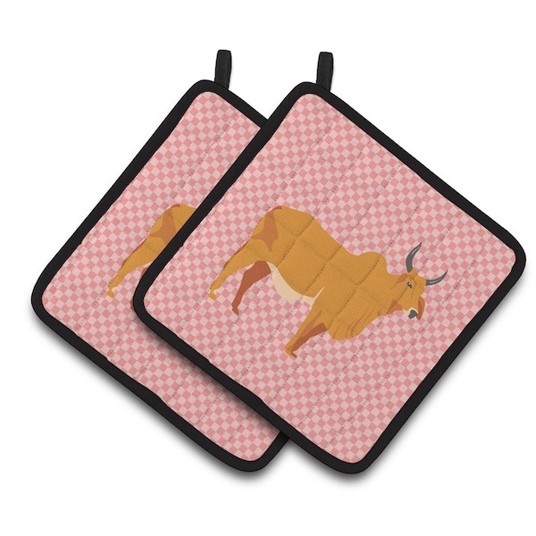 Carolines Treasures Zebu Indicine Cow Pink Check Pair of Pot Holders - BB7825PTHD