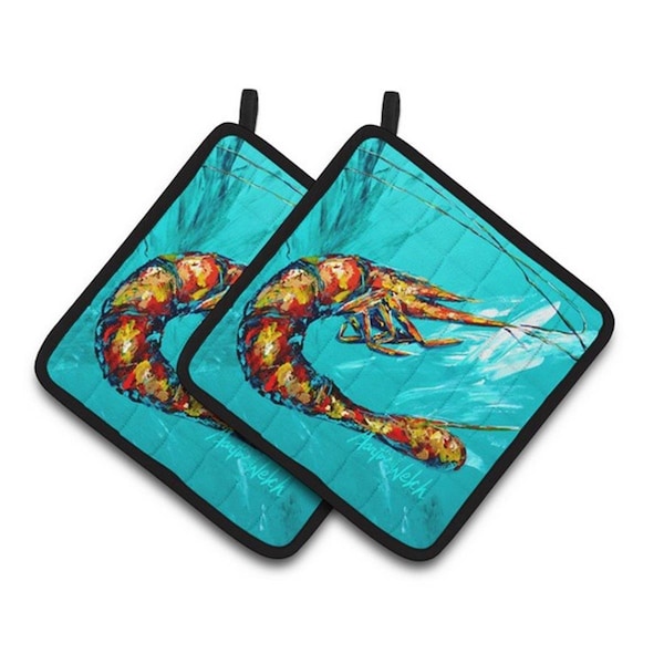 Carolines Treasures Shrimp Teal Splish Splash Pair of Pot Holders, 7.5 x 3 x 7.5 in. - MW1130PTHD