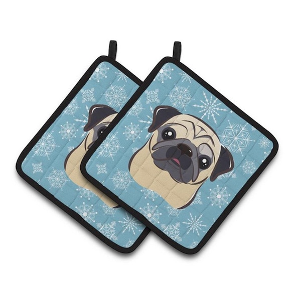 Carolines Treasures Snowflake Fawn Pug Pair of Pot Holders, 7.5 x 3 x 7.5 in. - BB1696PTHD